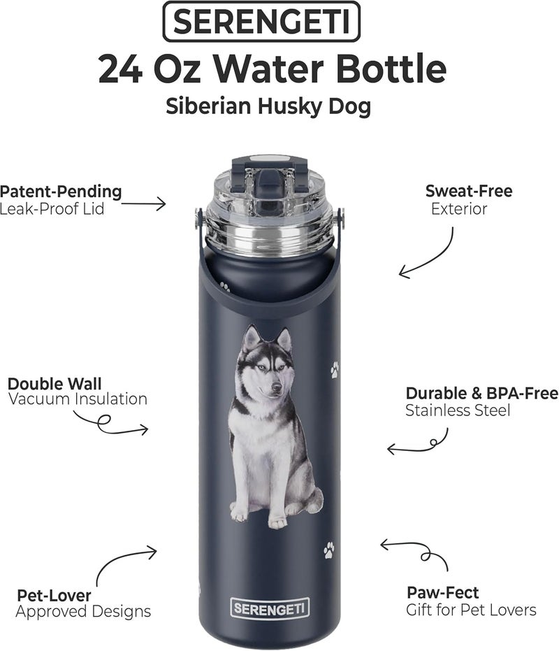 ES Pets SERENGETI 24 Oz Water Bottle Stainless Steel with Spill Proof Lid - Double walled Vacuum Insulated water flask - Realistic 3D Print of your favorite dog (Siberian Husky) - Image 1